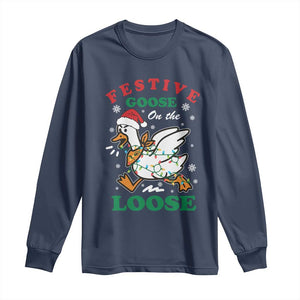 Funny Goose Christmas Long Sleeve Shirt Festive Goose On The Loose Xmas Holiday TS11 Navy Print Your Wear