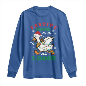 Funny Goose Christmas Long Sleeve Shirt Festive Goose On The Loose Xmas Holiday TS11 Royal Blue Print Your Wear