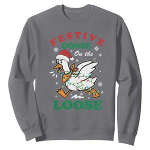 Funny Goose Christmas Sweatshirt Festive Goose On The Loose Xmas Holiday TS11 Charcoal Print Your Wear