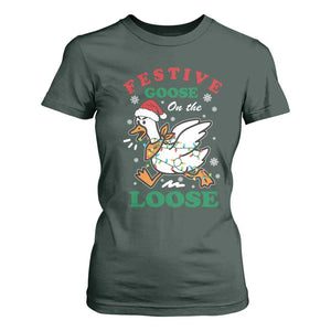 Funny Goose Christmas T Shirt For Women Festive Goose On The Loose Xmas Holiday TS11 Dark Forest Green Print Your Wear