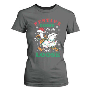 Funny Goose Christmas T Shirt For Women Festive Goose On The Loose Xmas Holiday TS11 Dark Heather Print Your Wear