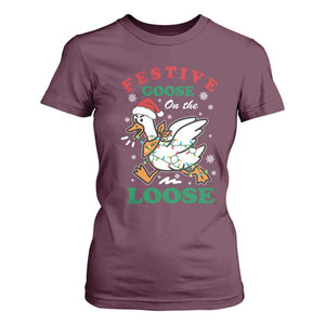 Funny Goose Christmas T Shirt For Women Festive Goose On The Loose Xmas Holiday TS11 Maroon Print Your Wear