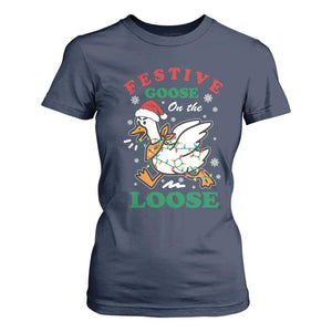 Funny Goose Christmas T Shirt For Women Festive Goose On The Loose Xmas Holiday TS11 Navy Print Your Wear
