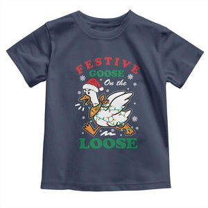 Funny Goose Christmas Toddler T Shirt Festive Goose On The Loose Xmas Holiday TS11 Navy Print Your Wear
