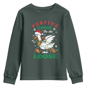Funny Goose Christmas Youth Sweatshirt Festive Goose On The Loose Xmas Holiday TS11 Dark Forest Green Print Your Wear
