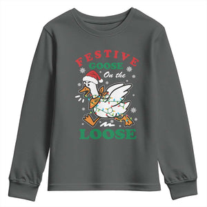 Funny Goose Christmas Youth Sweatshirt Festive Goose On The Loose Xmas Holiday TS11 Dark Heather Print Your Wear