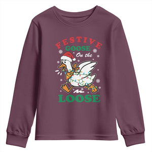 Funny Goose Christmas Youth Sweatshirt Festive Goose On The Loose Xmas Holiday TS11 Maroon Print Your Wear