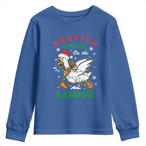 Funny Goose Christmas Youth Sweatshirt Festive Goose On The Loose Xmas Holiday TS11 Royal Blue Print Your Wear