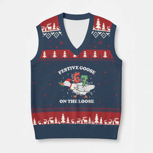 Funny Goose 67 Xmas V-Neck Knit Sweater Vest Festive Goose On The Loose Six Seven Meme TS11 Navy Red Print Your Wear