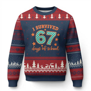 I Survived 67 Days Of School Ugly Christmas Sweater Six Seven Meme Student Teacher Faux Glitter TS11 Navy Red Print Your Wear