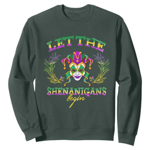 Funny Mardi Gras Sweatshirt Let The Shenanigans Begin Jester Hat TS11 Dark Forest Green Print Your Wear