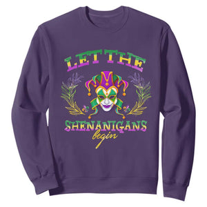 Funny Mardi Gras Sweatshirt Let The Shenanigans Begin Jester Hat TS11 Purple Print Your Wear