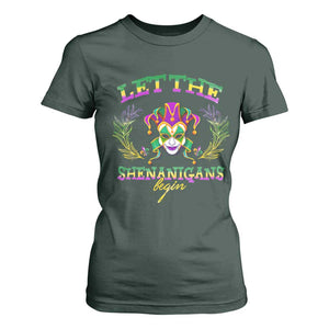 Funny Mardi Gras T Shirt For Women Let The Shenanigans Begin Jester Hat TS11 Dark Forest Green Print Your Wear