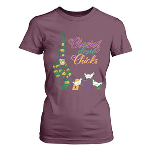 Funny Courir De Mardi Gras T Shirt For Women Chasing Dem Chicks Carnival TS11 Maroon Print Your Wear