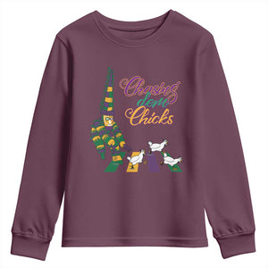 Funny Courir De Mardi Gras Youth Sweatshirt Chasing Dem Chicks Carnival TS11 Maroon Print Your Wear