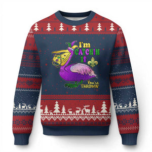 Funny Mardi Gras Pelican Ugly Christmas Sweater I'm Catchin' If You're Throwin' Beads Doubloons TS11 Navy Red Print Your Wear