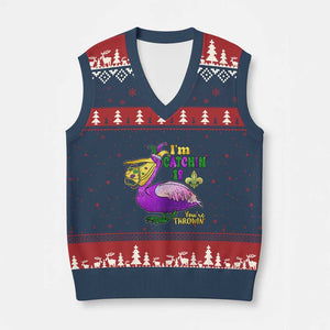 Funny Mardi Gras Pelican V-Neck Knit Sweater Vest I'm Catchin' If You're Throwin' Beads Doubloons TS11 Navy Red Print Your Wear