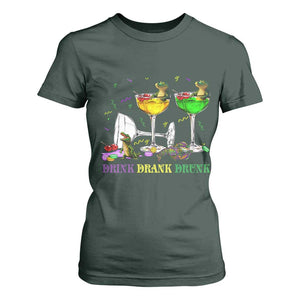 Funny Mardi Gras Drinking T Shirt For Women Drink Drank Drunk Glass Of Wine Alligators TS11 Dark Forest Green Print Your Wear