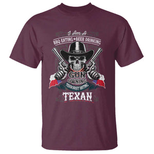 Funny American Texan T Shirt I Am A BBQ Eating Beer Drinking Gun Owning Texan TS11 Maroon Print Your Wear