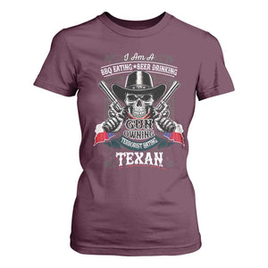 Funny American Texan T Shirt For Women I Am A BBQ Eating Beer Drinking Gun Owning Texan TS11 Maroon Print Your Wear