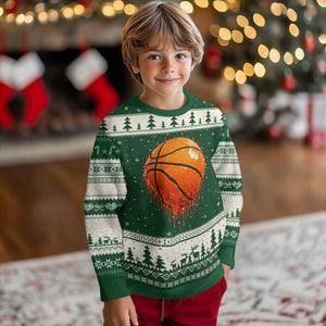 Funny Basketball Drip Splash Graphic Ugly Christmas Sweater TS11 Forest Green Beige Print Your Wear