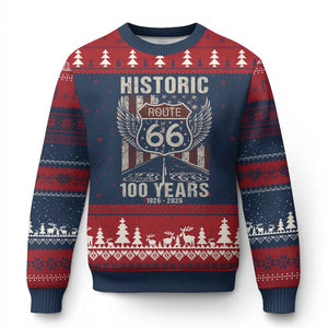 Historic Route Highway 66 100 Years Anniversary Ugly Christmas Sweater Highway Road Sign Wings Vintage American Flag TS11 Navy Red Print Your Wear