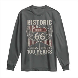 Historic Route Highway 66 100 Years Anniversary Long Sleeve Shirt Highway Road Sign Wings Vintage American Flag TS11 Dark Heather Print Your Wear