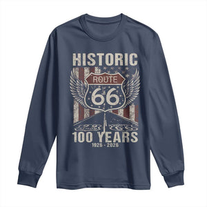Historic Route Highway 66 100 Years Anniversary Long Sleeve Shirt Highway Road Sign Wings Vintage American Flag TS11 Navy Print Your Wear