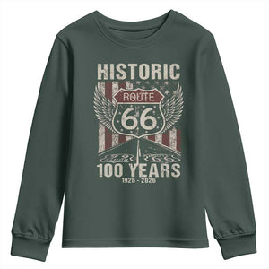Historic Route Highway 66 100 Years Anniversary Youth Sweatshirt Highway Road Sign Wings Vintage American Flag TS11 Dark Forest Green Print Your Wear