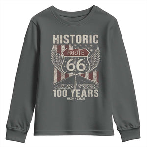 Historic Route Highway 66 100 Years Anniversary Youth Sweatshirt Highway Road Sign Wings Vintage American Flag TS11 Dark Heather Print Your Wear