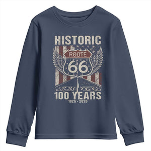 Historic Route Highway 66 100 Years Anniversary Youth Sweatshirt Highway Road Sign Wings Vintage American Flag TS11 Navy Print Your Wear