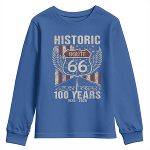 Historic Route Highway 66 100 Years Anniversary Youth Sweatshirt Highway Road Sign Wings Vintage American Flag TS11 Royal Blue Print Your Wear