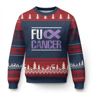 Fuck Cancer Ugly Christmas Sweater Funny National Cancer Prevention Month Lavender Ribbon TS11 Navy Red Print Your Wear