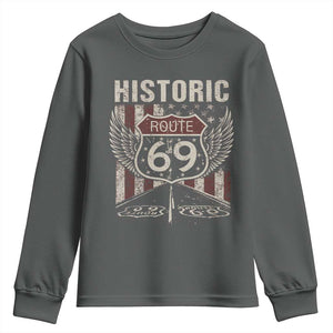 Historic Route 69 Highway Road Youth Sweatshirt Americana Vintage USA Flag TS11 Dark Heather Print Your Wear