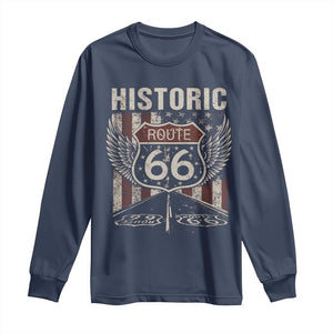 Historic Route Highway 66 Long Sleeve Shirt Vintage American Flag TS11 Navy Print Your Wear