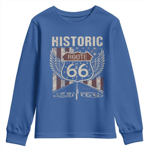 Historic Route Highway 66 Youth Sweatshirt Vintage American Flag TS11 Royal Blue Print Your Wear