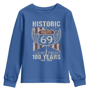 Historic US Route 69 100 Years Anniversary Youth Sweatshirt Highway Road Sign Wings Vintage American Flag TS11 Royal Blue Print Your Wear