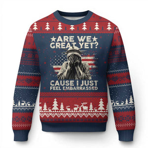 Funny Are We Great Yet Cause I Just Feel Embarrassed Ugly Christmas Sweater Statue Of Liberty American Flag TS11 Navy Red Print Your Wear