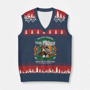 Irish Pride V-Neck Knit Sweater Vest The Devil Whispers You Can't Withstand The Storm The Irishman Replies TS11 Navy Red Print Your Wear