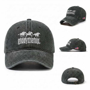 Funny Giddythefup Derby Day Washed Cotton Baseball Cap Vintage Giddy Up Horse Racing TS11 Washed Cap Universal Fit Dark Green Print Your Wear
