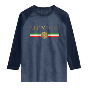 Mexican Heritage Pride Raglan Shirt Mexico Vintage Flag Coat of Arms Graphic TS11 Heather Denim Navy Print Your Wear