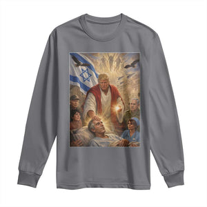 Trump as Jesus Long Sleeve Shirt Divine Leader Meme Healing Scene Israel Flag TS11 Charcoal Print Your Wear