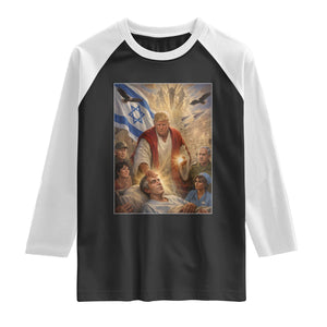 Trump as Jesus Raglan Shirt Divine Leader Meme Healing Scene Israel Flag TS11 Black White Print Your Wear