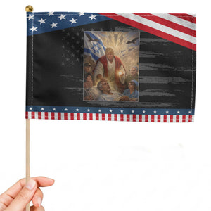 Trump as Jesus Patriotic Handheld Flag Divine Leader Meme Healing Scene Israel Flag TS11 Distressed 8.2" × 5.5" Black Blue Print Your Wear
