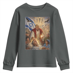Trump as Jesus Youth Sweatshirt Divine Leader Meme Healing Scene Israel Flag TS11 Dark Heather Print Your Wear