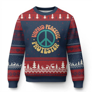 Unpaid Peaceful Protester Ugly Christmas Sweater Social Justice Floral Peace Sign TS11 Navy Red Print Your Wear