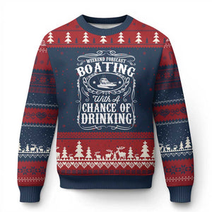 Funny Weekend Forecast Boating With A Chance Of Drinking Ugly Christmas Sweater Pontoon Boat Captain TS11 Navy Red Print Your Wear