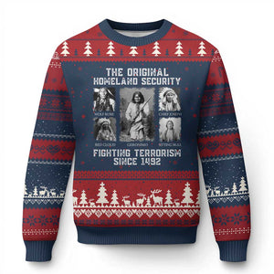 The Original Homeland Security Fighting Terrorism Since 1492 Ugly Christmas Sweater Native American TS11 Navy Red Print Your Wear