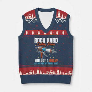 Funny Rock Hard Caulking Services V-Neck Knit Sweater Vest Offensive Embarrassing Inappropriate Adult Humor TS11 Navy Red Print Your Wear