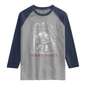 Tummy Hurts Funny Medieval Knight Dark Fantasy Humor Raglan Shirt